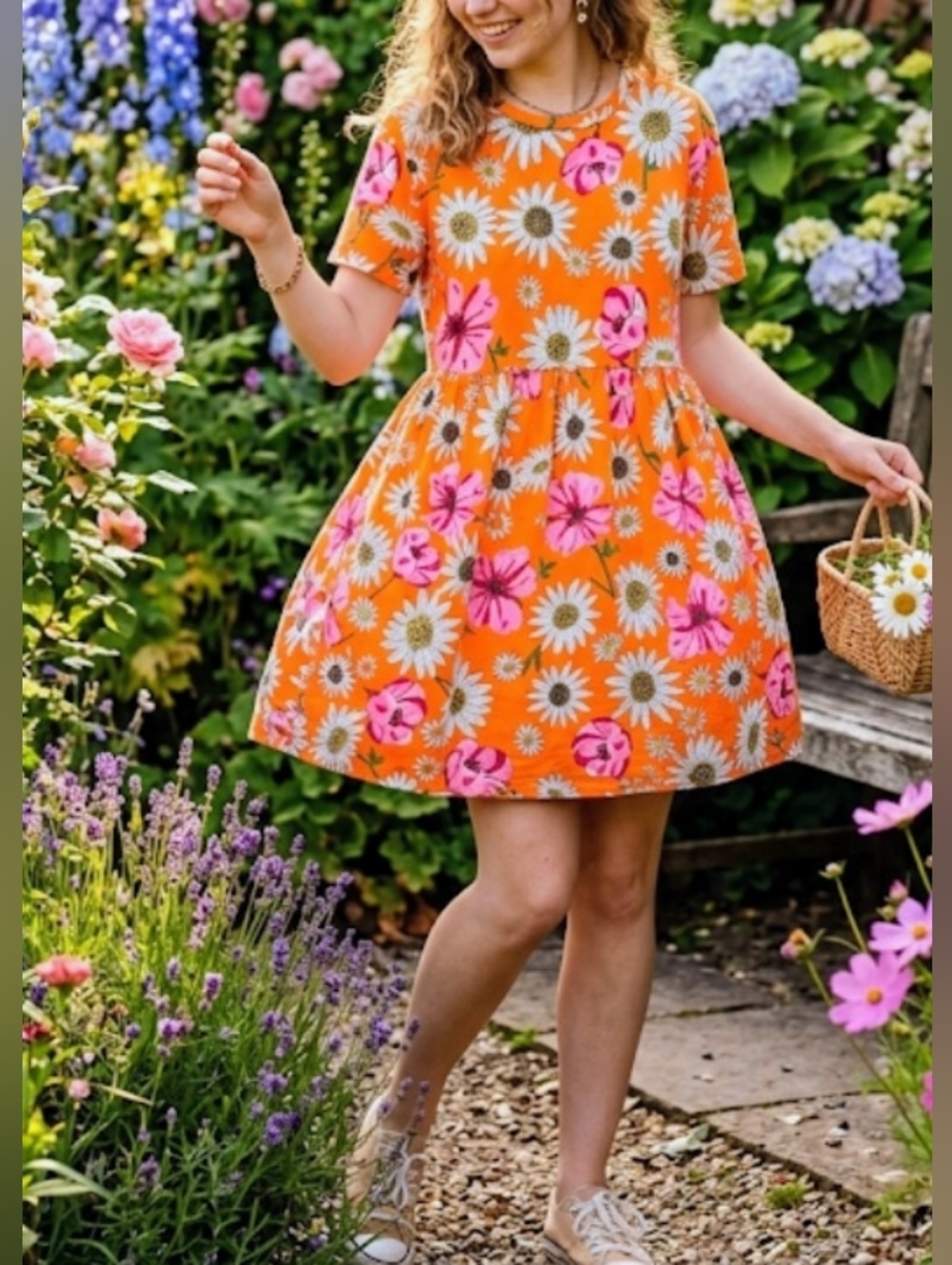 Zara Orange Dress with White Daisy and Pink Floral Print (Size M)